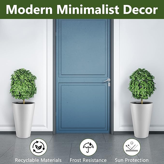 Sieral Set of 2 Tall Outdoor Planters 12 x 18 Inch Large Resin Outdoor Planters for Front Porch Flower Round Floor Decorative Indoor Pots with Drainage(White)