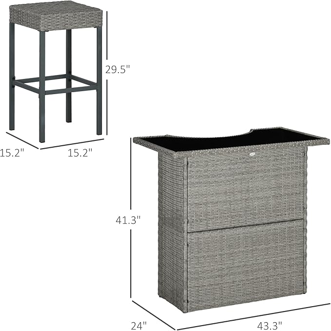 Outsunny 5 Piece Wicker Outdoor Bar Set, High Top Outdoor Table and Chairs, Bar Height Patio Set with Glass Table Top 2 Tier Storage Shelf and 4 Bar Stools for Garden, Poolside, Gray