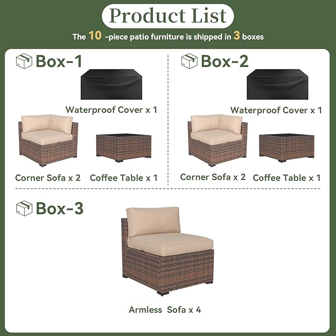 Aoxun 10 Piece Patio Furniture Set Wicker Rattan Patio Conversation Set Outdoor Sectional Sofa Set with Coffee Table and 4” Thickened Cushions, Beige(Waterproof Cover Included)