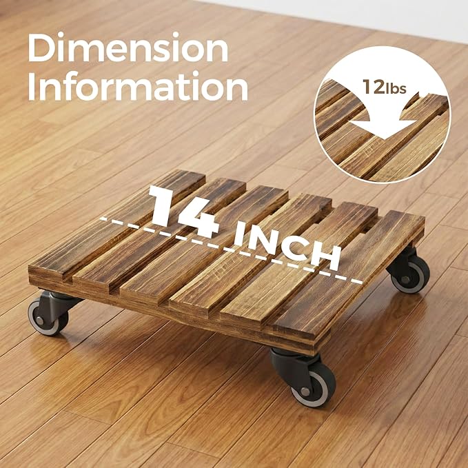 Bamworld 14 Inch Large Plant Stand Wood Plant Caddy with Wheels Heavy Duty Plant Dolly with 360 Lbs Capacity, 360° Lockable Wheels for Large Plant Pots, Indoor and Outdoor Use 2-Pack