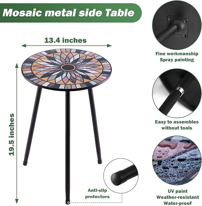 Party Zealot 1 Pack Metal Mosaic Round Side Table Small 13.4" End Patio Round Accent Table Garden Corner Stand for Small Spaces Weather-Resistant for Balcony Plant Stand Indoor Outdoor