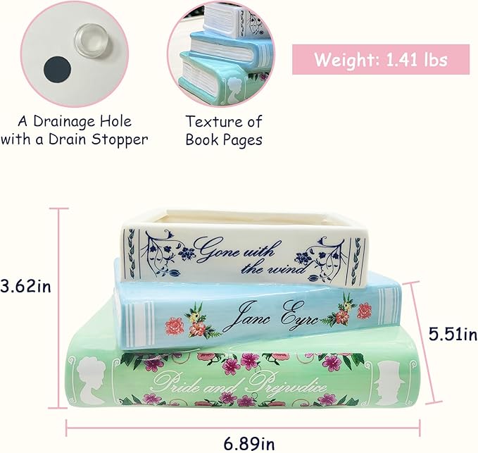 Small Book-Shaped Decorative Planter - Ceramic Vase for Flowers - Cute Bookshelf Home Bedroom Office Decor - Unique Classic Titles Bookstack Housewarming Gifts for Book Lovers