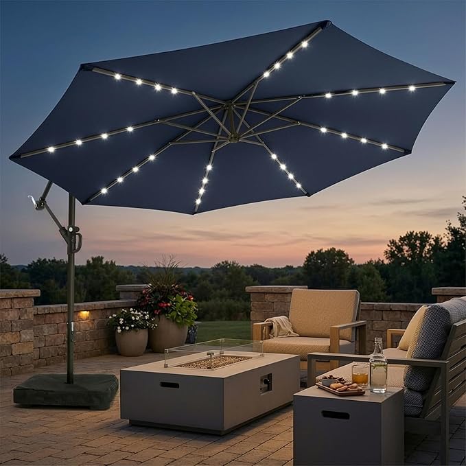 wikiwiki 10ft Solar LED Patio Umbrella with Base Included, Offset Umbrella with Weighted Sandbag Base, Cantilever Patio Umbrella for Backyard, Garden & Deck, 32 LED Lights & Polyester Shade, Navy Blue