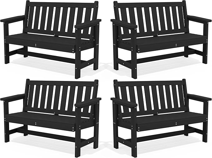 SERWALL Outdoor Bench, HDPE Outdoor Benches Weatherproof, 2-Person Garden Bench with 660 lbs Weight Capacity, Patio Benches for Outdoors, Garden, Porch, Backyard and Park, Black, 4 Pack