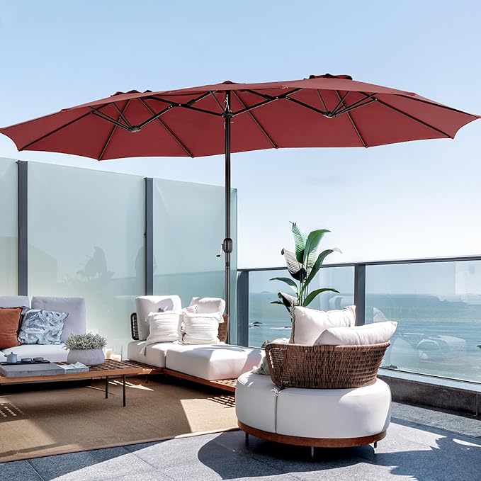 DUMOS 15FT Large Patio Umbrella with Base Included, Rectangle Table Umbrella Outdoor Patio, Outside Umbrellas for Deck, Market, Backyard, Wine Red