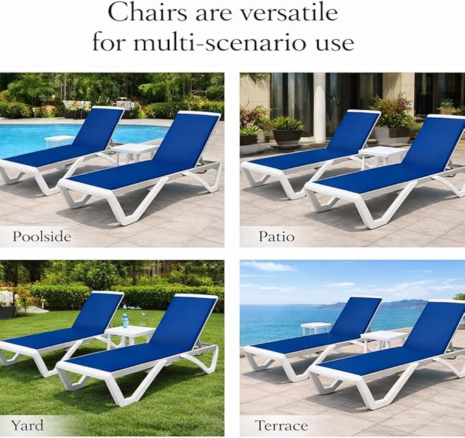 Kozyard Outdoor Chaise Lounge Chair, Full Flat Adjustable Patio Lounger with Aluminum Frame & Resin Legs, Textilene Fabric for Poolside, Backyard & Beach (Blue, 2Chairs with Table)