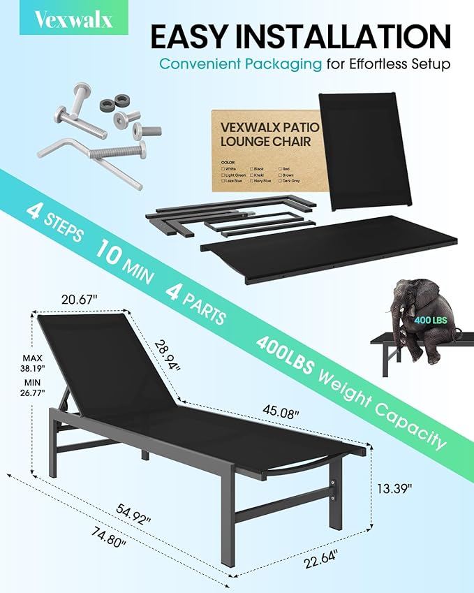 Outdoor Lounge Chairs Set of 3, Aluminum Chaise Lounge Chairs with 5-Position Recliner, Patio Lounge Chair for Backyard, Poolside, Deck, Lawn (Black)