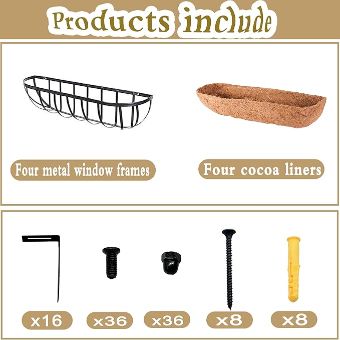 4pack 16-inch Window Sill Window Railing Planters with Cocoa Liner for Outdoor Balconies, Porches, Fences, Patio Railings