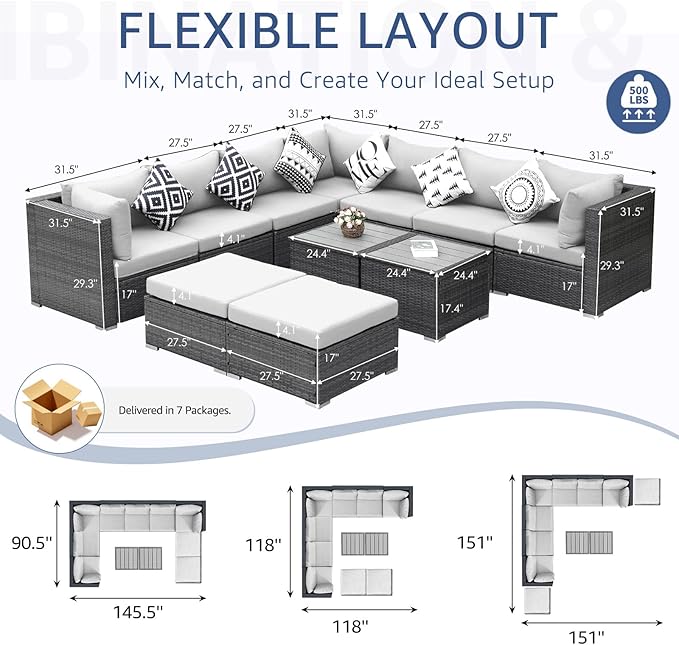 NICESOUL 11 Piece Modern Outdoor Furniture Sofa Set, 29.3'' High Back Comfy Sectional L-Shaped, Extra Large Wicker Patio Sofa Couches for 9 Person, Deep Wide Seating All-Weather Conversations, Grey