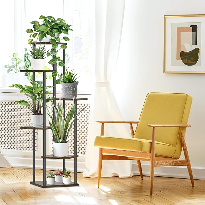6 Tier Plant Stand Indoor Outdoor, Tall Metal Wood Muti-Level Planter Shelf Holder, Sturdy Large Vertical Corner Orchid Flower Pot Display Rack for Narrow House Decor Office Living Room Bedroom, Oak