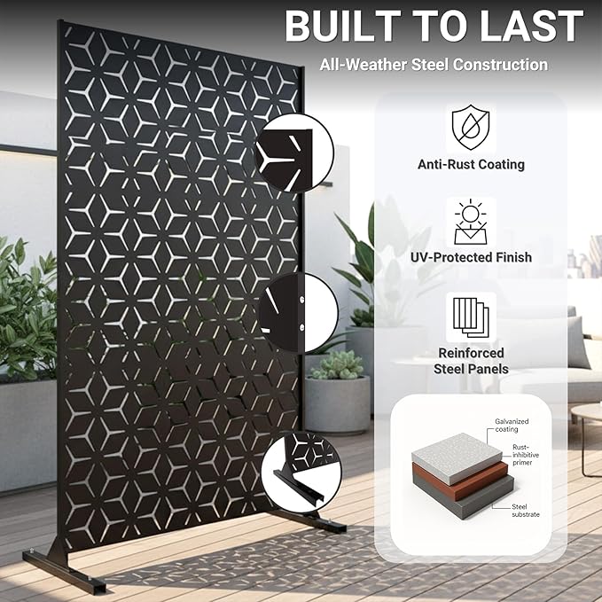 6FT Metal Privacy Screen Outdoor – Decorative Laser Cut Privacy Fence Panel for Patio, Deck & Garden, Rustproof Steel Privacy Divider, Modern Geometric Design, Freestanding Outdoor Privacy Screen