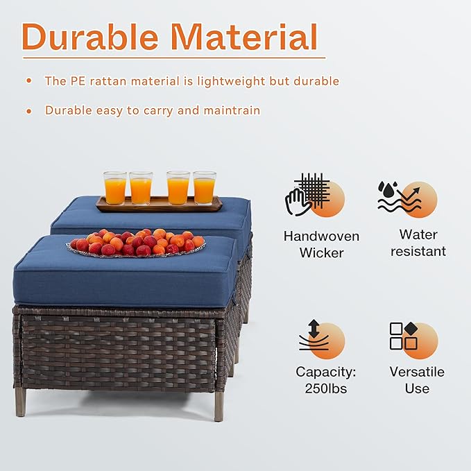 Joyside Patio Ottoman Set of 2, All Weather Outdoor Rattan Ottomans Patio Footstools with Removable Cushions for Garden Backyard Porch (Blue)