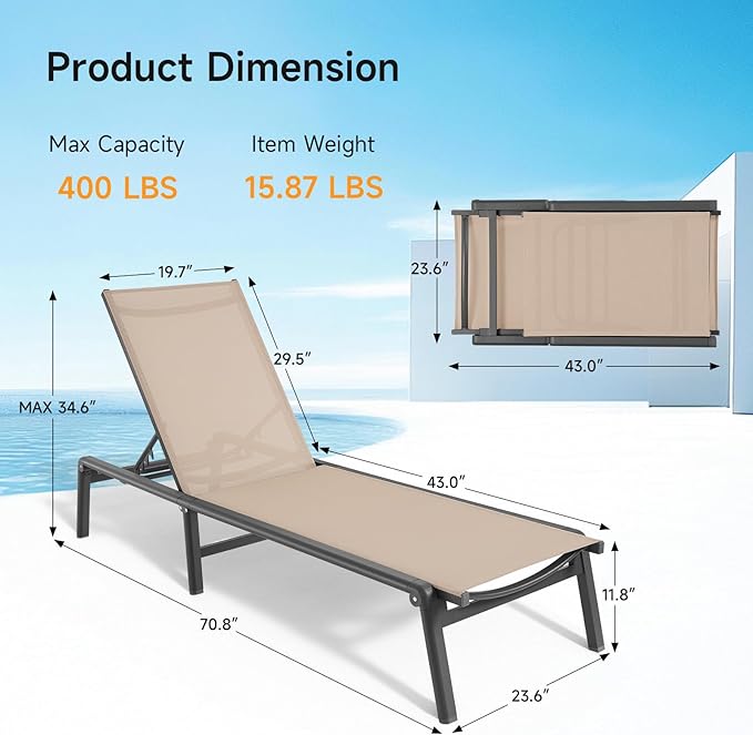 ONBRILL Aluminum Chaise Lounge Chair Outdoor, Foldable & Assembly Free Outdoor Lounge Chair with 5 Position Adjustable Backrest, Patio Pool Lounge Chairs for Outside Poolside Beach Lawn, 1PC, Khaki