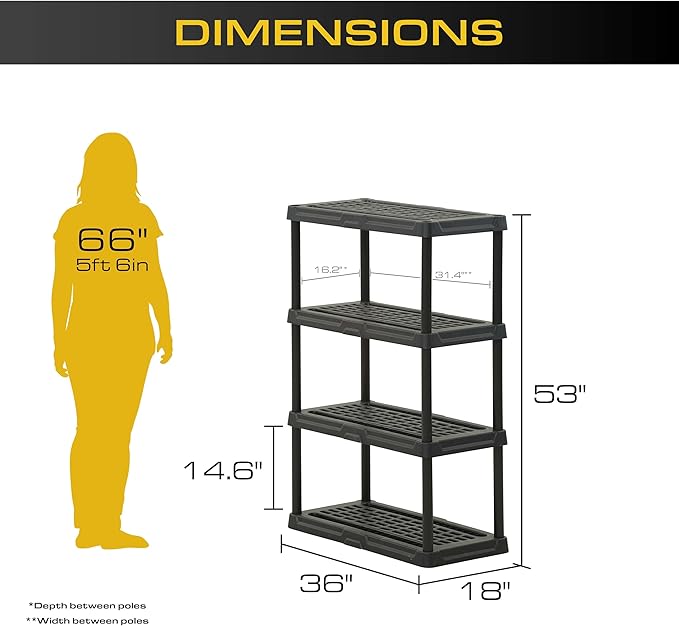 CENTREX CX 4-Tier Heavy Duty Plastic Storage Shelves that Support up to 150lbs/shelf, Organization and Storage, Weather-Resistant Design, Easy Assembly, 2 Pack, Black (53”H x 36”W x 18”D)
