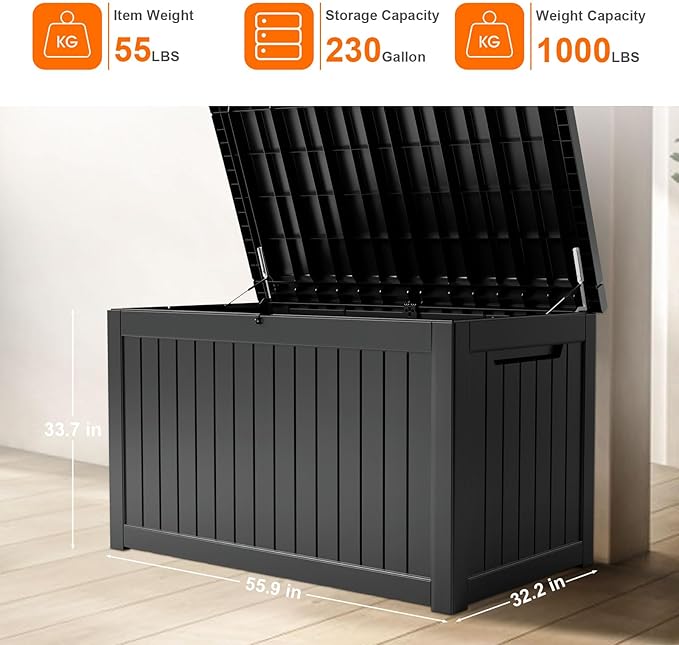 230 Gallon Resin Deck Box, Lockable Patio Outdoor Storage Box for Furniture, Garden Tools and Tools Storage, Waterproof Outside Storage Boxes - Black
