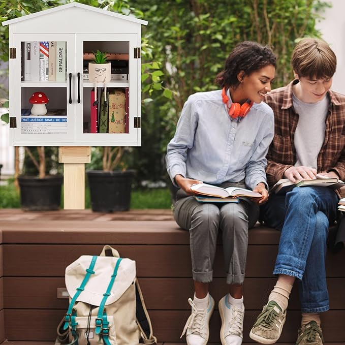 Outdoor Library Outdoor Book Box Storage Small Wooden Cabinet Little Literature Box for Neighborhoods Community and Schools Sharing Books, Flyers, Newspapers, Food and Art (E)