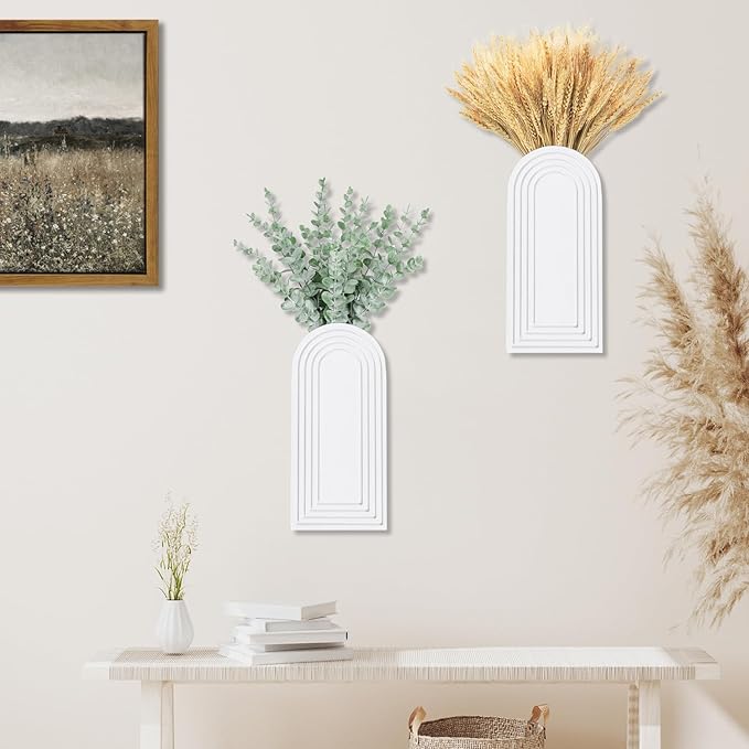 2 Pack Wooden Wall Vase Set - White Finish Modern Farmhouse & Boho Wall Decor for Entryway, Hallway, Bathroom, Living Room, Dining Room, Narrow Spaces