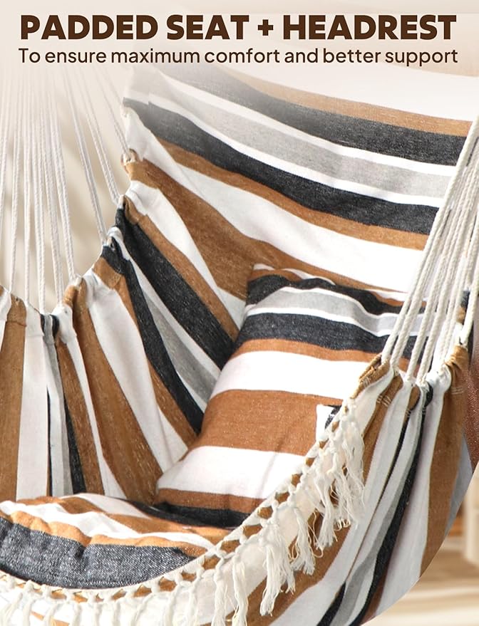 Chihee Hammock Chair Hanging Swing Max 500 Lbs 2 Cushions Included Metal Spreader Bar with Anti-Slip Grooves Portable Hanging Chair Side Pocket Large Macrame Bohemian Chair Indoor Outdoor