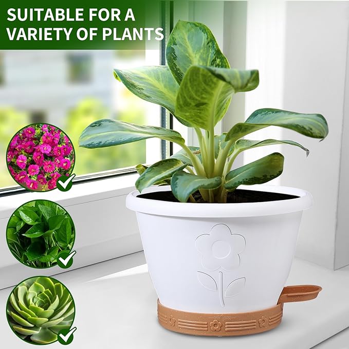 Plant Pots, Flower Pots for Indoor/Outdoor Plants, Self Watering Plastic Planters Pots with Drainage Holes, Saucer & Reservoir, Decorative Nursery Planting Pots(10 Inch Set of 4)