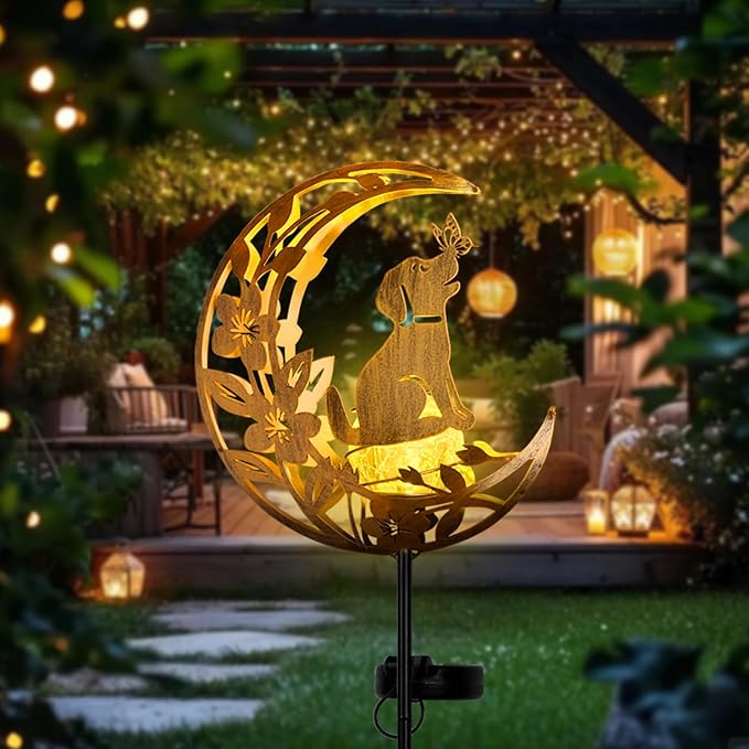 Lights Outdoor Decor Dog - Moon & Bird SolaGardenLights Waterproof, Auto On/Off Pathway Lighting for Yard/Lawn/Patio, Handcrafted Metal Solar-Stake-Lights for Outside Decorations