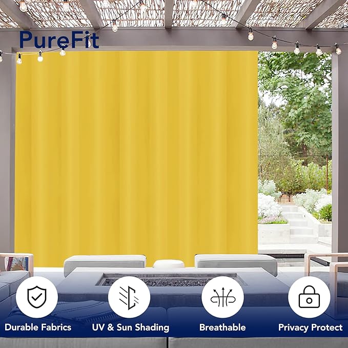 PureFit Outdoor Curtains for Patio Waterproof Weatherproof, UV Resistant Outside Curtains for Gazebo, Front Porch, Pergola, Sun Blocking Privacy Curtain, 120W x 84L inch, 1 Panel, Yellow