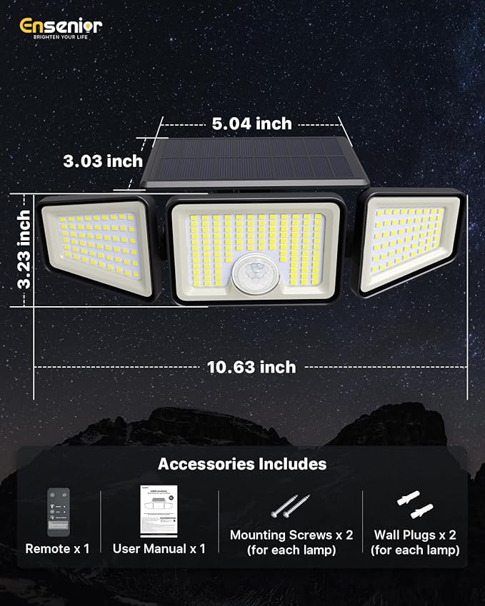 Ensenior Solar Lights Outdoor Motion Sensor, 2600LM 220 LED High Brightness, 3 Head 270° Wide Angle Flood Lights, Remote Control Security Lights 4 Modes, IP65 Waterproof Wireless Wall Light, 3 Pack