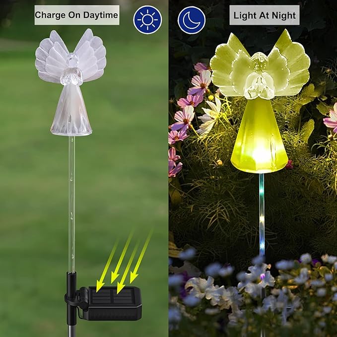 Solar Angel Lights Outdoor Decor - 2 Pack Decorative Color Changing Waterproof LED Angel Stake Lights for Cemetery Grave Garden Patio Yard Art Lawn Decoration, Grave Markers, Memorial Gifts