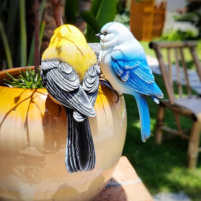 Garden Bird Statue Flower Pot Hugger Outdoor Decor for Tree, 6.7" Tall Resin Bird Figurine Plant Pot Decorations for Fence Balcony Patio Lawn Yard Ornaments (Blue)