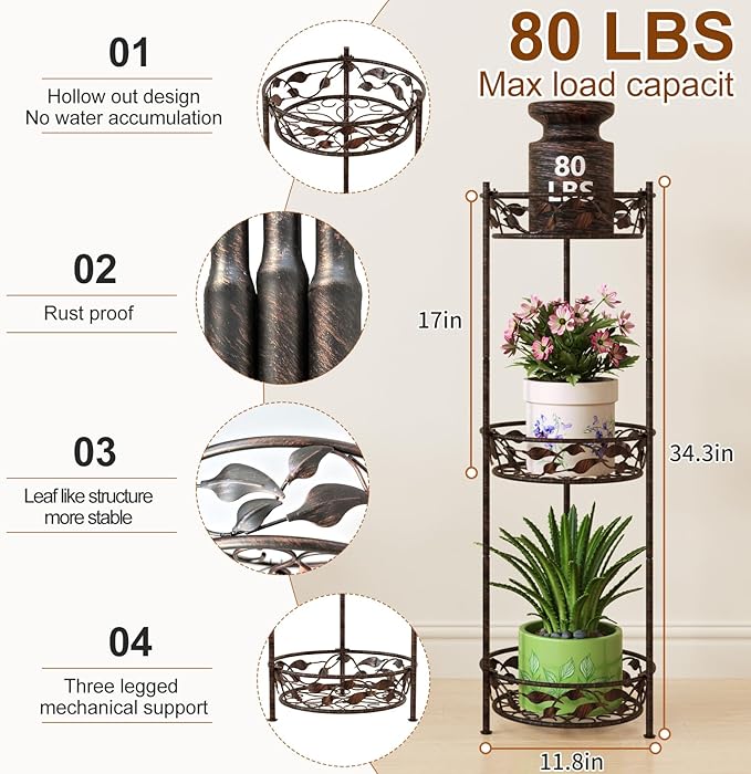 Plant Stand, Heavy Duty Metal Plant Stand Indoor Outdoor, Tall 3 Tiers Plant Shelf for Multiple Plants Pots, Flower Pot Stand for Home, Patio & Garden, Brushed Copper