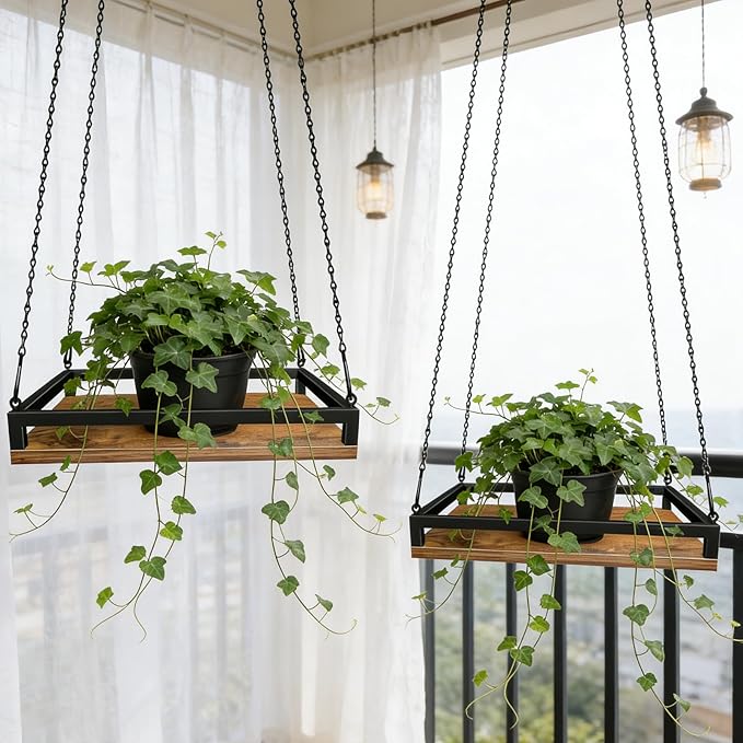 Plant Hanger Indoor, 11.8" Wooden Hanging Plant Holder with Metal Frame Hanging Planter for Indoor Plants Load 50LB Hanging Plant Shelf with 27.6" Long Chain, Ideal for Heavier Pots Ceiling（2 pack）