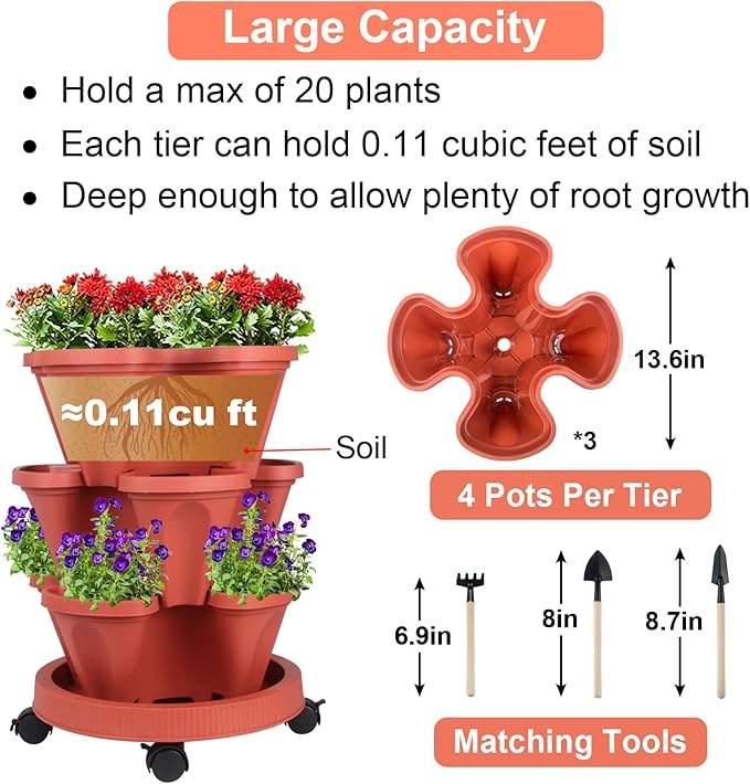 GameXcel Vertical Planter 3 Tier Stackable Planters Garden Planters Strawberry Herb Flower and Vegetable Planter Indoor Outdoor Gardening Pots with Removable Wheels and Tools