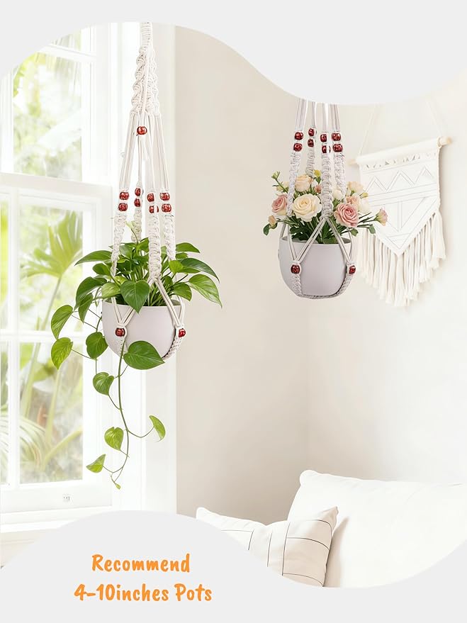 35 inch Macrame Plant Hanger for 5-10 Pot Indoor wall Window Boho Long Crochet White Rope Hanging Planters for Plant Holder Outdoor (Ivory2)