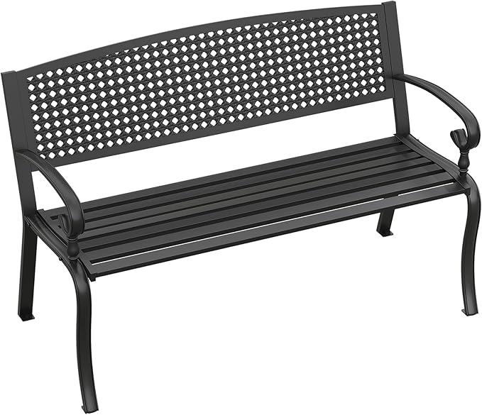 Outdoor Bench, 50.4" Patio Metal Frame Garden Bench with Backrest and Curved Armrests for Lawn Backyard, Black