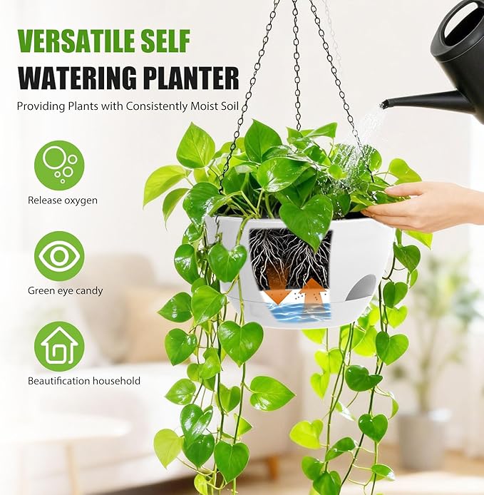 8 Inch Hanging Planters for Indoor Outdoor Plants, 4 Pack White Plastic Self Watering Hanging Baskets with Drainage Holes and Chain for Garden Porch