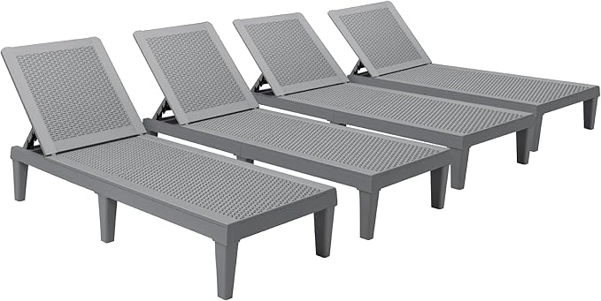 Devoko Outdoor Chaise Lounge Chair Set of 4 for Outside Pool Patio, Adjustable Waterproof Easy Assembly Chaise Lounge Outdoor (Light Grey, Set of 4)