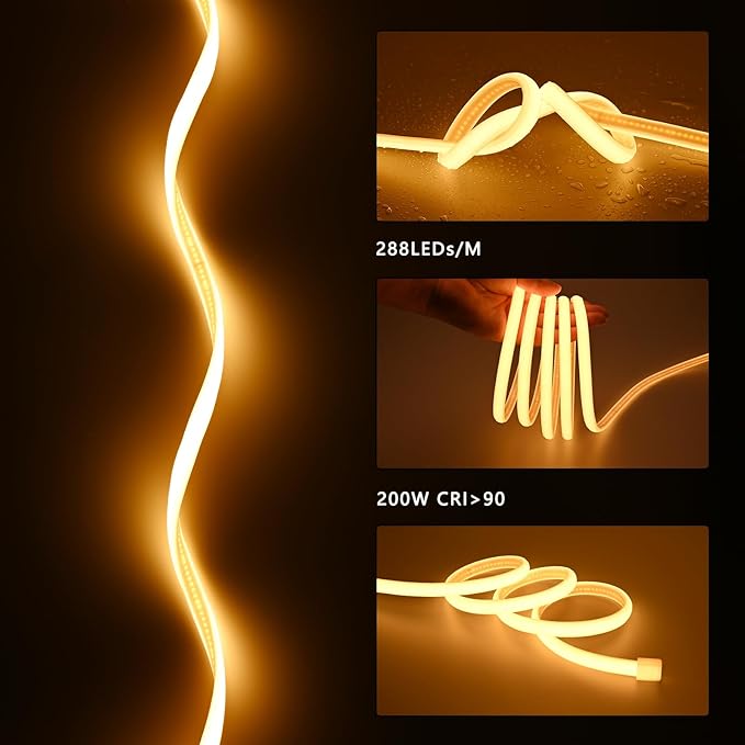 AC 110V COB LED Strip Lights Outdoor Waterproof 65.6ft, 2700K Warm White Super Bright 200W CRI 90+ LED Rope Light, IP65 Flexible Cuttable, for Bedroom Garden Commercial House