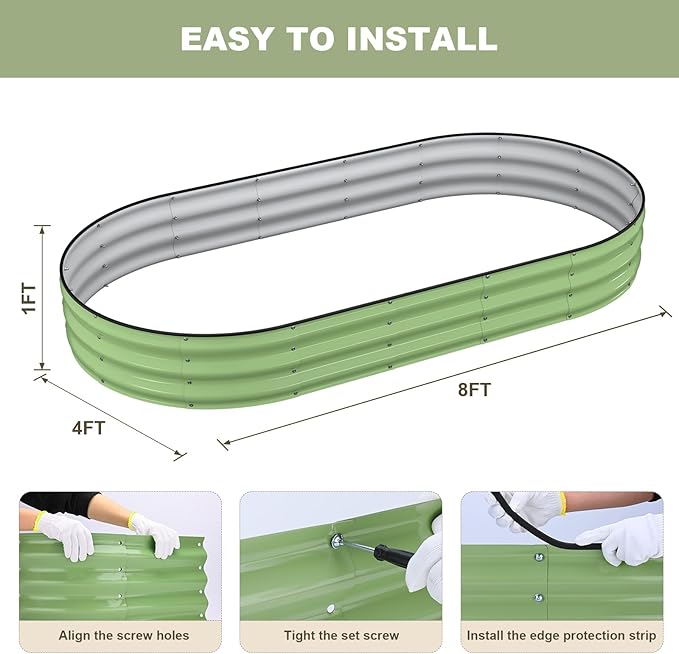 Raised Garden Bed, 8x4x1ft Galvanized Outdoor Planter Beds with Safety Edging and Gloves, Oval Metal Planter Box for Gardening Vegetables Flowers Herb-Green