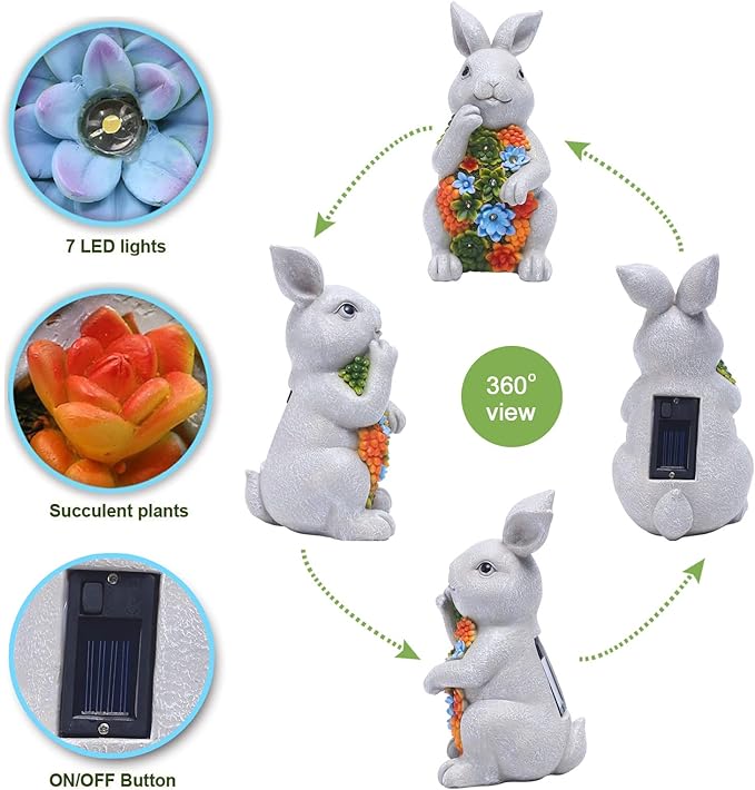 Nacome Solar Garden Outdoor Statues Bunny with Succulent and 7 LED Lights – Lawn Decor for Patio, Balcony, Yard Ornament - Chrismtas Gifts for Mom Grandma