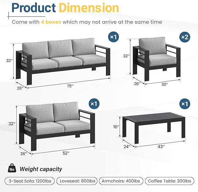 Solaste Aluminum Outdoor Patio Furniture Set, 7 Seats Patio Sectional Sofa with 5" Thick Cushion, Outdoor Patio Set with Coffee Table for Porch, Backyard, Deck, Yard, Light Grey
