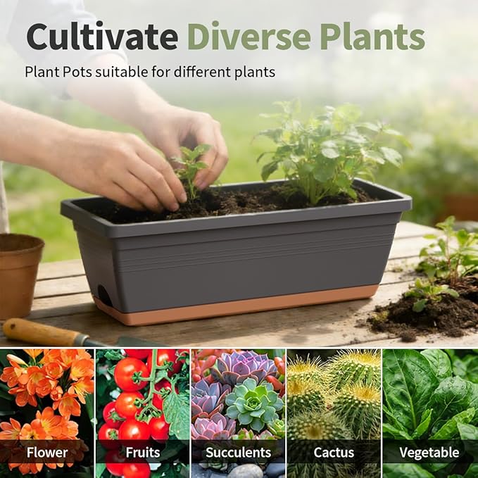Window Box Planter, 6 Pack Plastic Vegetable Flower Window Planters Boxes 16 Inches Rectangular Flower Pots with Drainage Holes and Saucers (Grey)