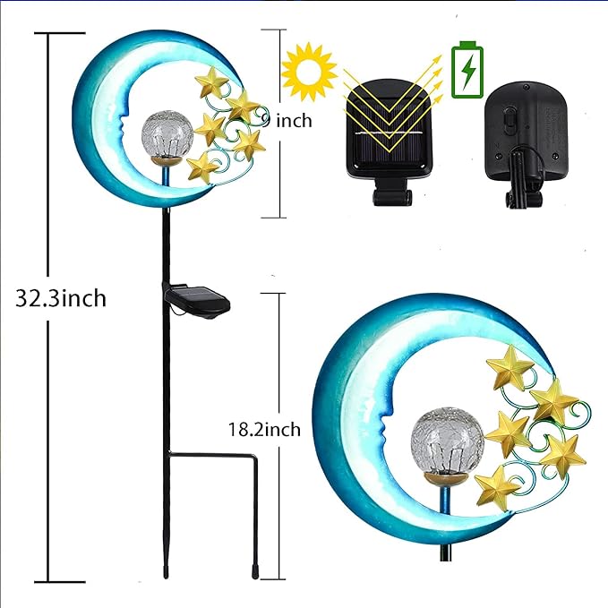 Stars Moon Solar Lights Outdoor - Solar Powered Garden Lights Decorative Crackle Glass Globe Led Waterproof Landscape Lighting for Pathway,Yard,Lawn,Patio
