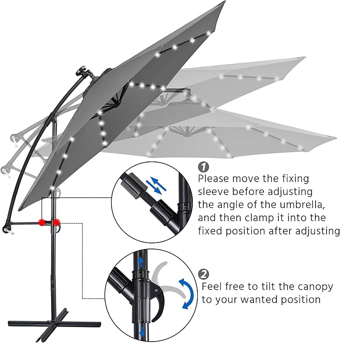 Yaheetech 10FT Solar Offset Umbrella with 32 LED Lights Cantilever Hanging Outdoor Umbrellas Handy Crank & Cross Base for Lawn/Deck/Backyard/Pool Gray