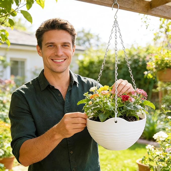 Bvrbaory 8 Pack Hanging Planter Pots,Self-Watering Flower Pot with Water Tray & Metal Chain,White Plastic Hanging Plant Pots for Indoor Outdoor Garden Decor,8 Inch