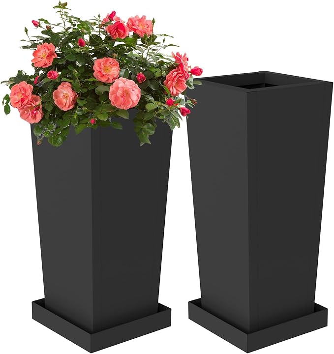 Tall Planters 28" H - 2 Pack, Tapered Pots with Drainage Insert Shelve & Trays, Metal Outdoor Planter Box for Porch, Garden, Patio, Yard (Black)