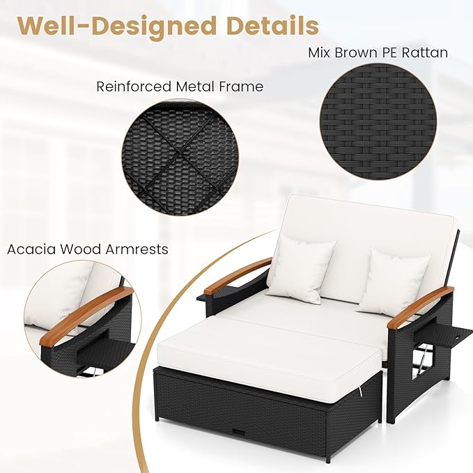 Tangkula Patio Rattan Daybed with 4-Level Adjustable Backrest, Outdoor Wicker Loveseat with Acacia Wood Armrest, Storage Ottoman & Folding Tray, Double Sunbed for Yard & Poolside (White & Black)