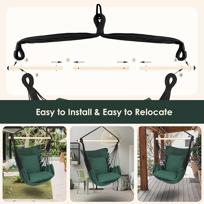Highwild Hammock Chair Hanging Rope Swing - Max 500 Lbs - 2 Cushions Included - Steel Spreader Bar with Anti-Slip Rings - for Any Indoor or Outdoor Spaces (D- Cushions Included-Green)