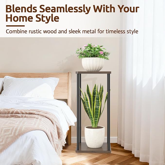 2 Tier Plant Stand Indoor, 28In Tall Corner Vertical Wood Metal Square Shelf, Modern Black Large Planter Table Heavy Duty Flower Pot Holder Rack for Narrow House Living Room Floor Orchid, Oak
