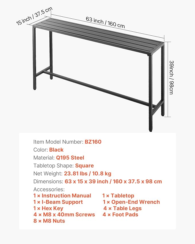 VEVOR Outdoor Bar Table, 63 x 15 in Patio Bar Table, Waterproof Top & Sturdy Metal Frame, Rectangle Counter Height Dining Tables, Outdoor Furniture for Balcony, Yard, Hot Tub, Poolside, Indoor