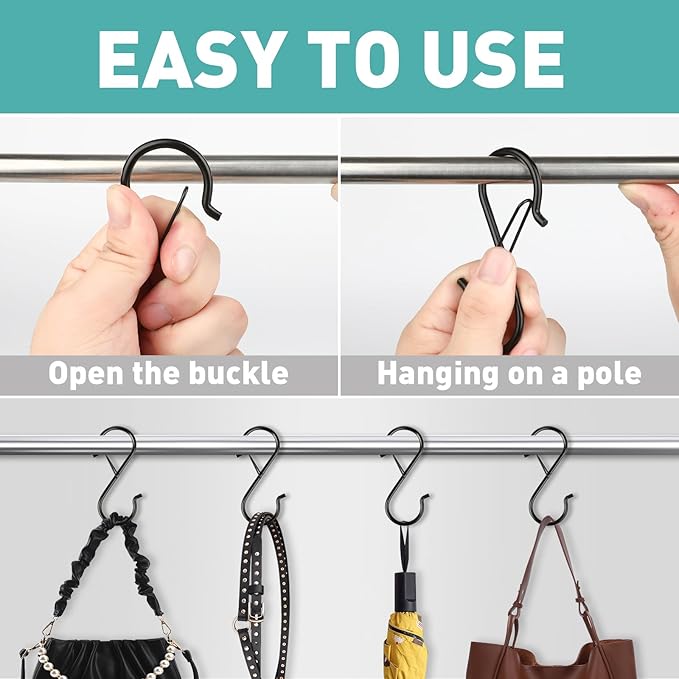 Navona 40 Pcs S Hooks for Hanging Heavy Duty, 3.5-inch Heavy Duty Metal S Hook with Safety Buckle, Suitable for 0.5 inch Rods, S Hook for Hanging Plants, Closet, Kitchen Utensil, Pot, Pan, Bags