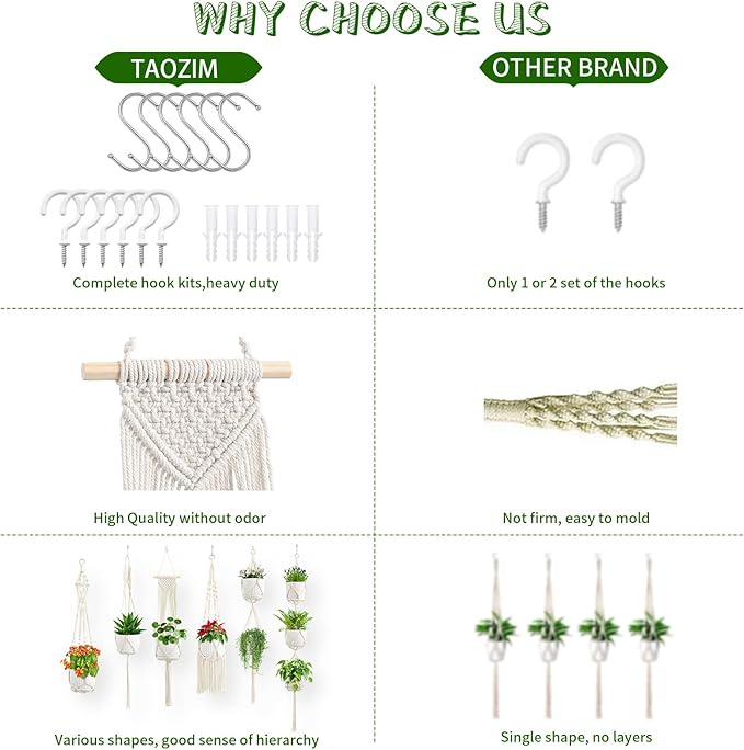 Macrame Plant Hangers, 6Pack Hanging Plant Holders Indoor w/ 6 Set Hooks Handmade Cotton Rope Plant Hangers Set Flower Pots Holder Stand Boho Home Decor Hanging Planters for Indoor Outdoor Plants